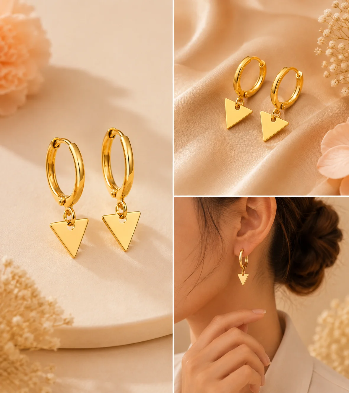 Gold Hoop Triangle Charm Earrings
